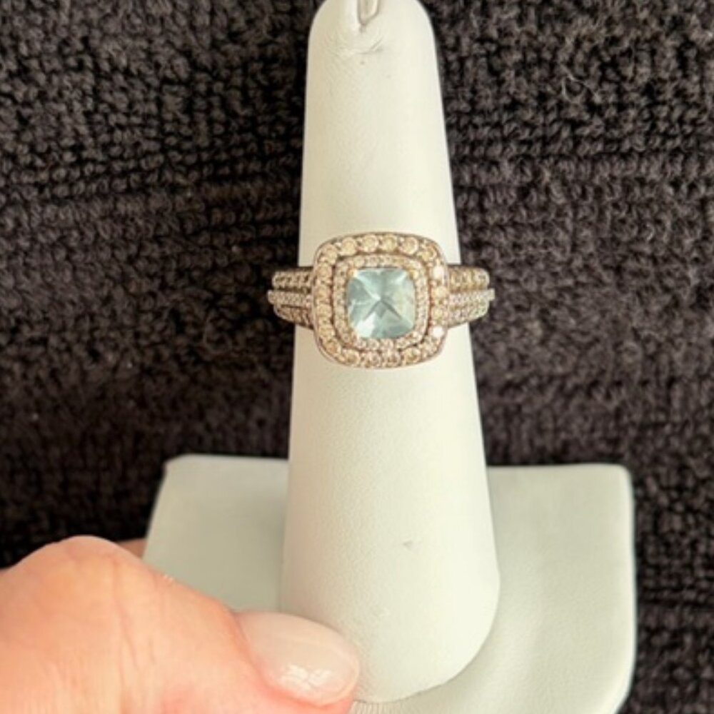 LeVian 14k White Gold Aquamarine Chocolate and Vanilla Diamond Ring